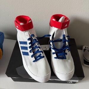 Adidas White and Red Wrestling Shoes with Blue Laces
